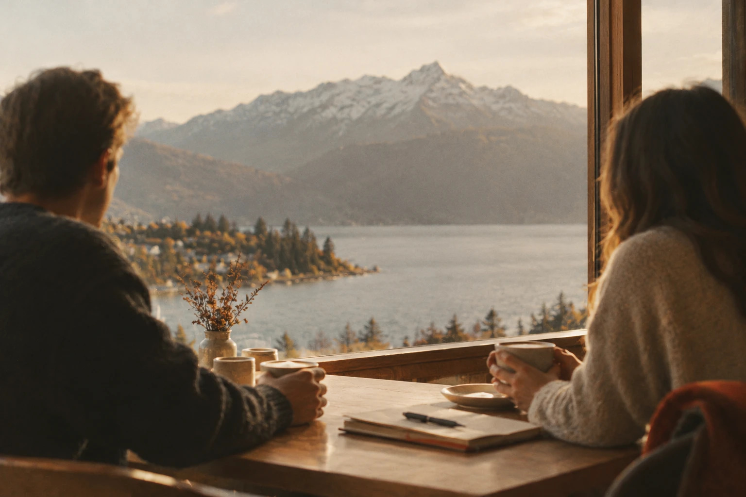 Two people talking over coffee at a window table, looking out at a lake and snowy mountains