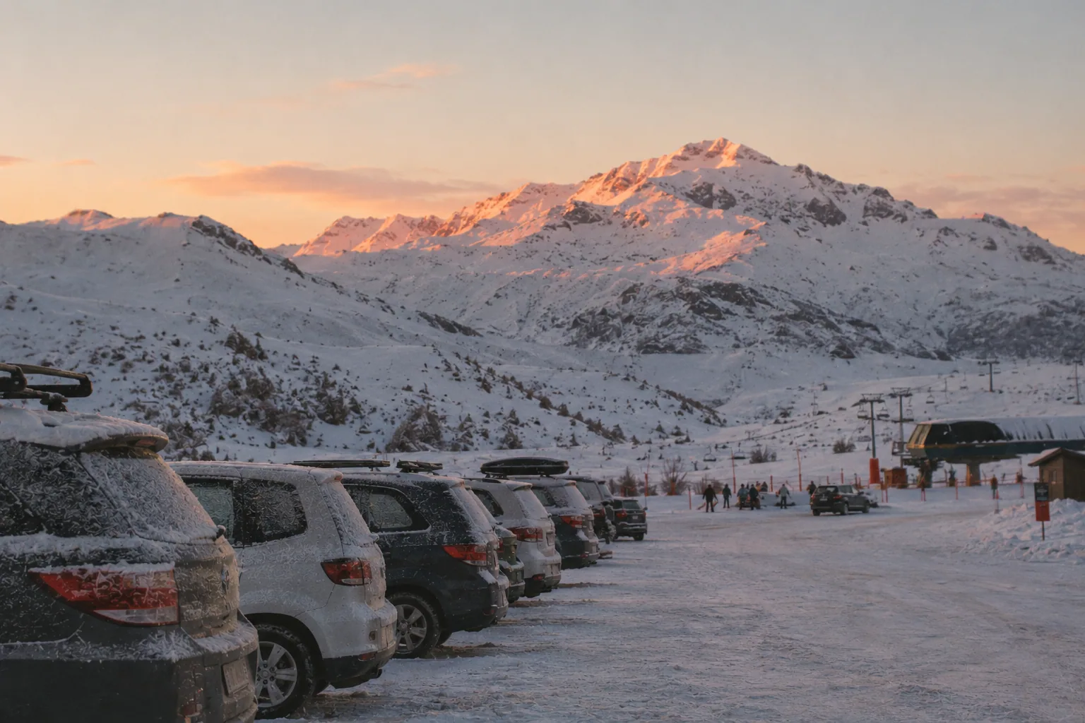 Snowy mountain peaks glow at sunset above a ski resort