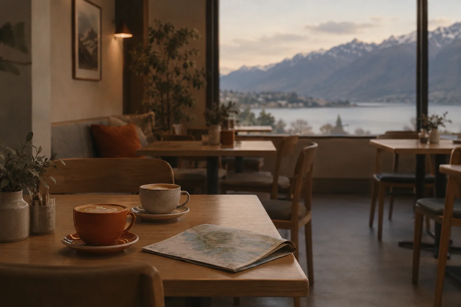 Coffee and a travel map at a cosy café overlooking a mountain lake