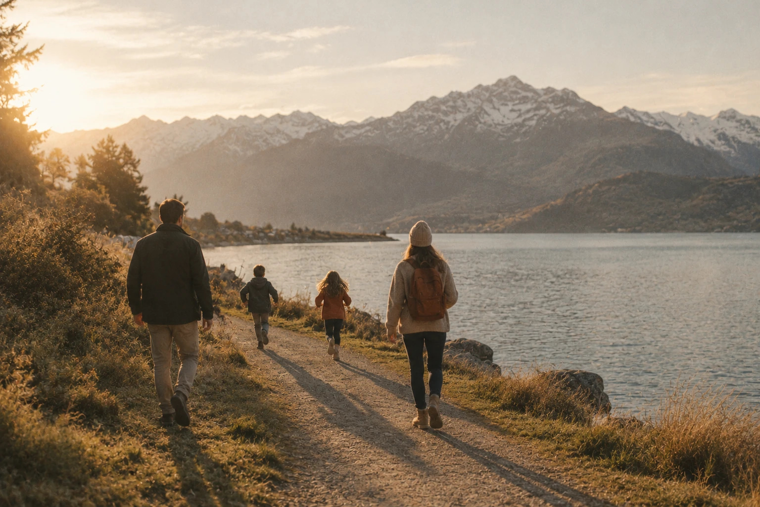 A family walking a lakeside track towards snowy mountains in the evening sun